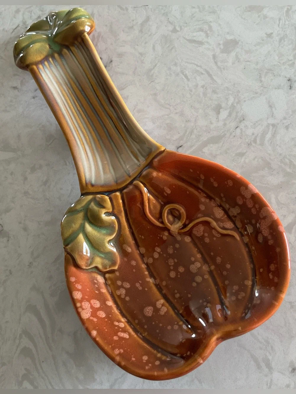 Ceramic Pumpkin Shaped Soon Rest in Rustic Orange & Green 11” Long
